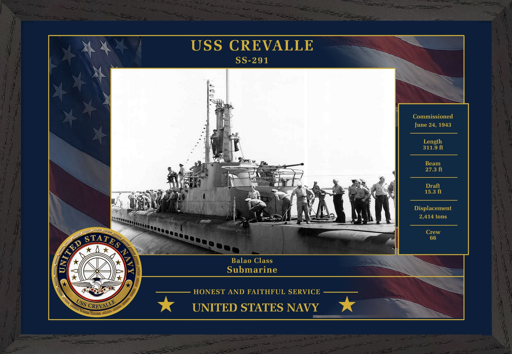 USS Crevalle SS-291 Framed Patriotic Photo