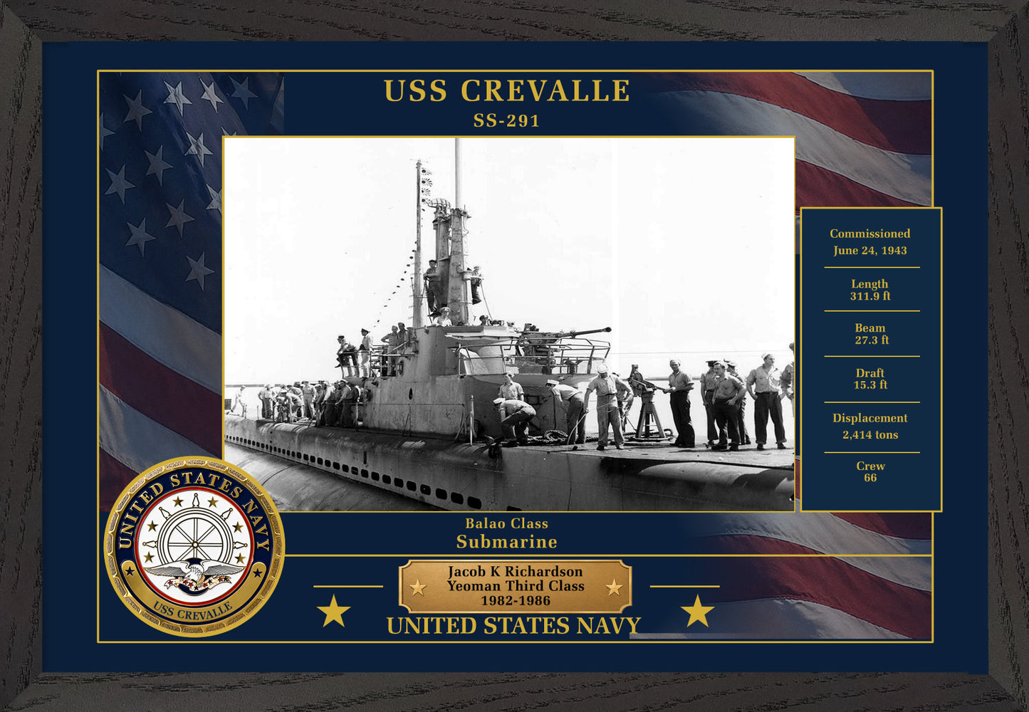 USS Crevalle SS-291 Framed Patriotic Photo