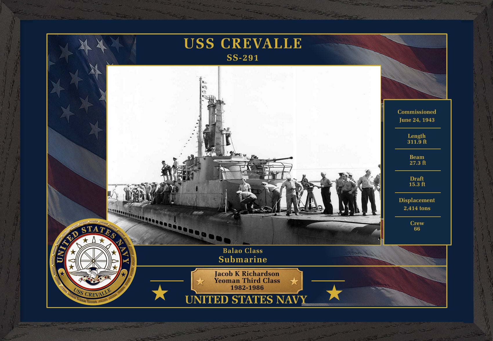 USS Crevalle SS-291 Framed Patriotic Photo