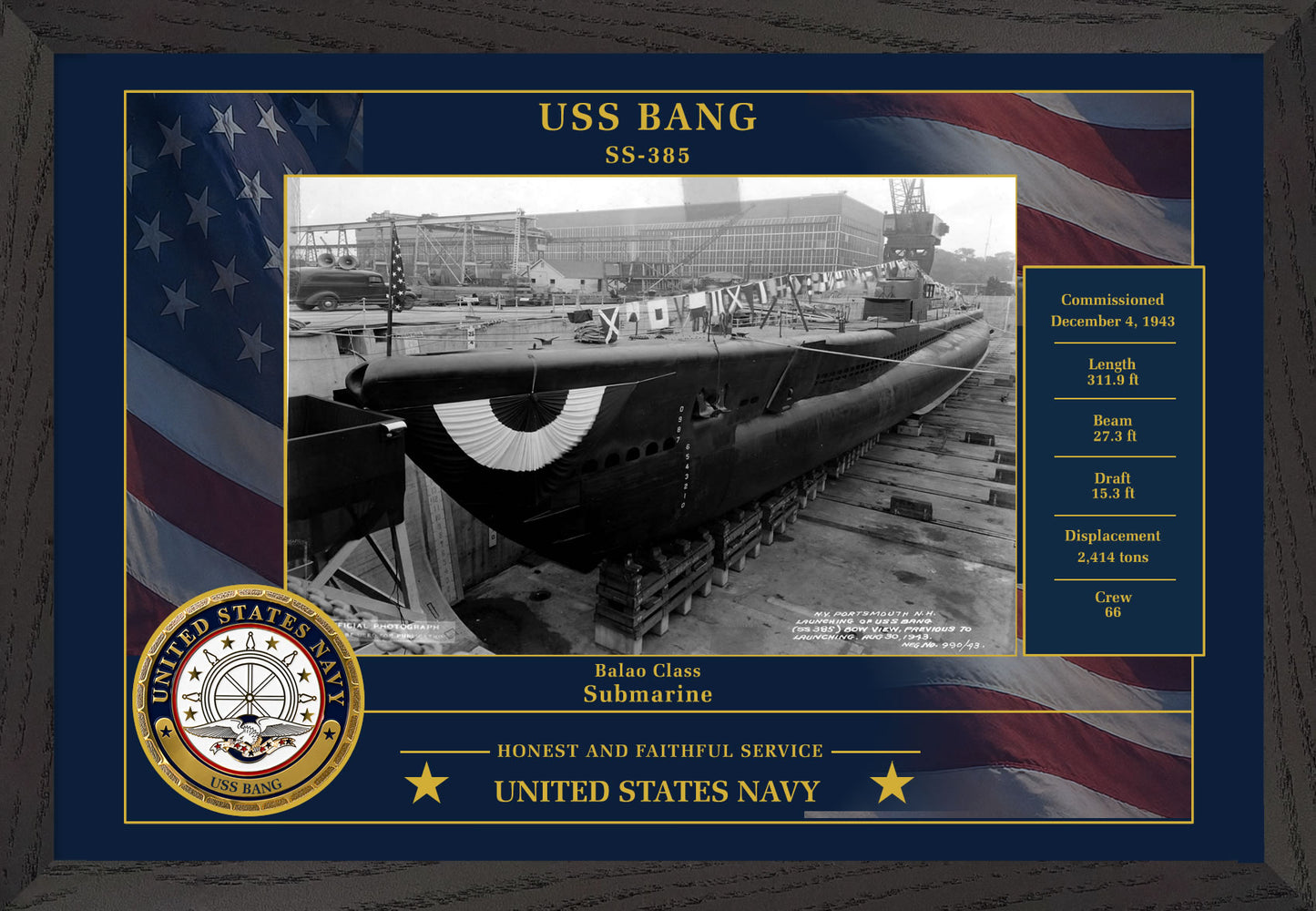 USS Bang SS-385 Framed Patriotic Photo