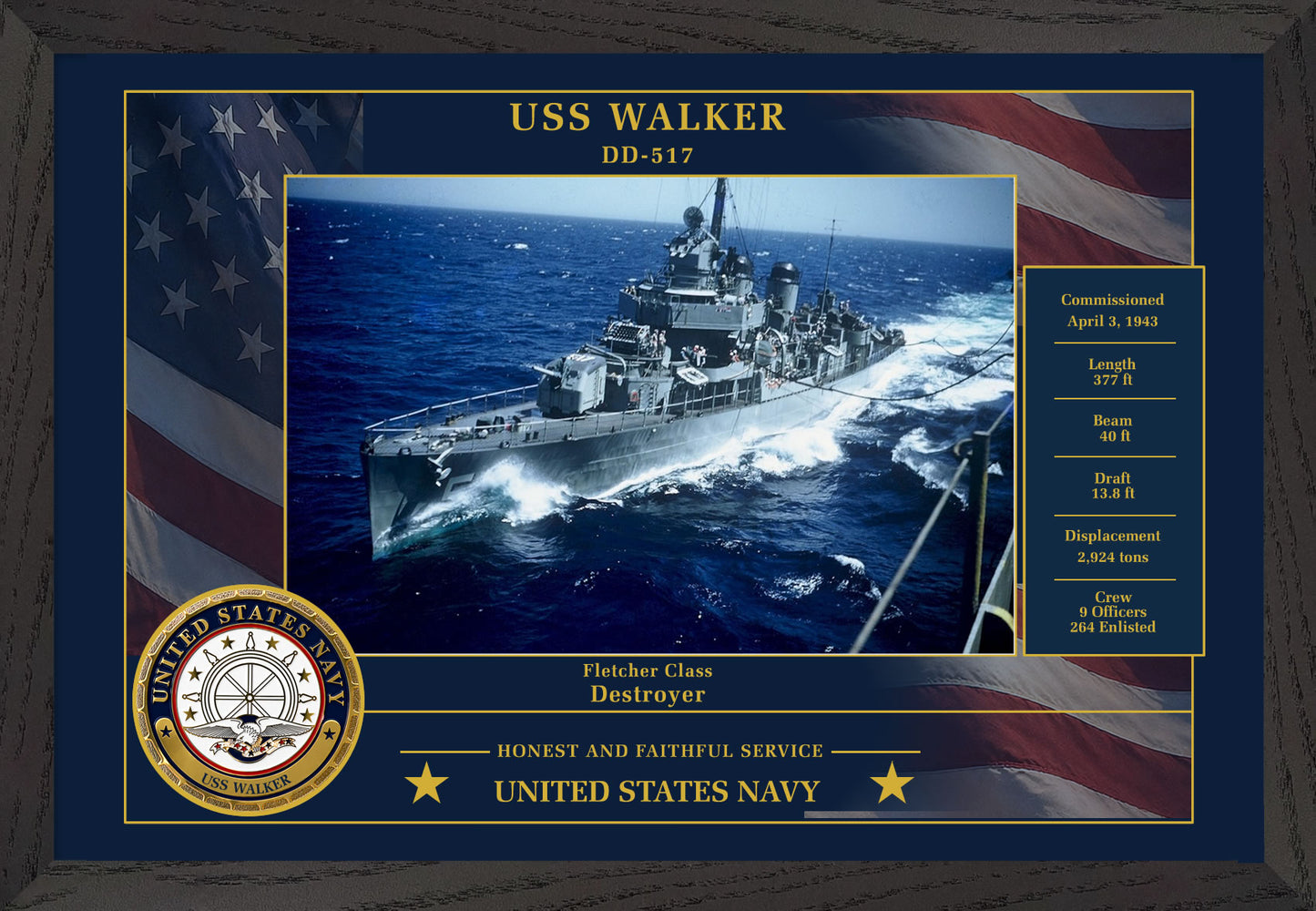 USS Walker DD-517 Framed Patriotic Photo