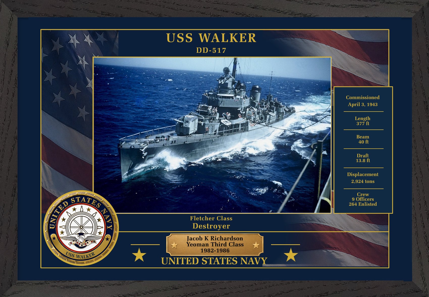 USS Walker DD-517 Framed Patriotic Photo