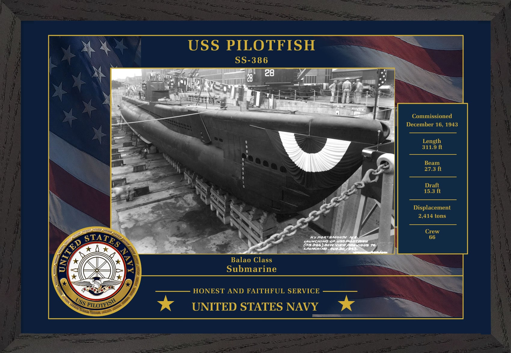 USS Pilotfish SS-386 Framed Patriotic Photo