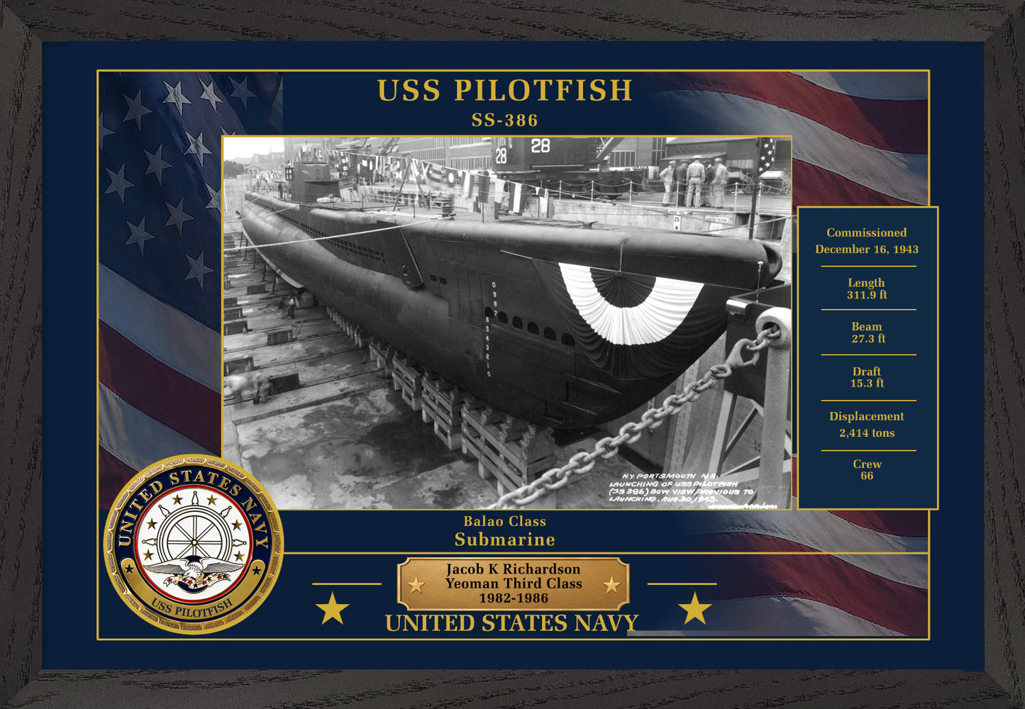 USS Pilotfish SS-386 Framed Patriotic Photo