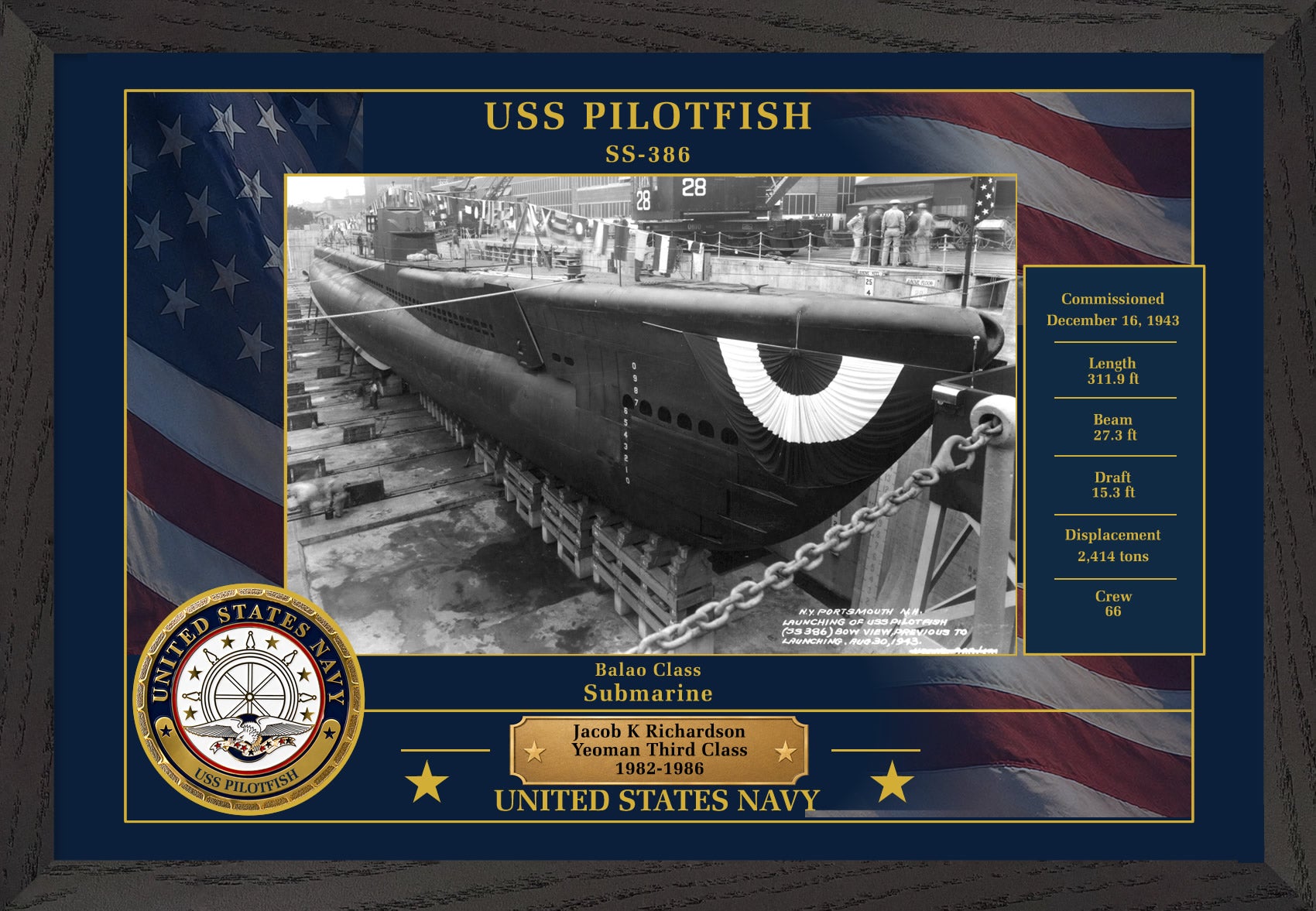 USS Pilotfish SS-386 Framed Patriotic Photo