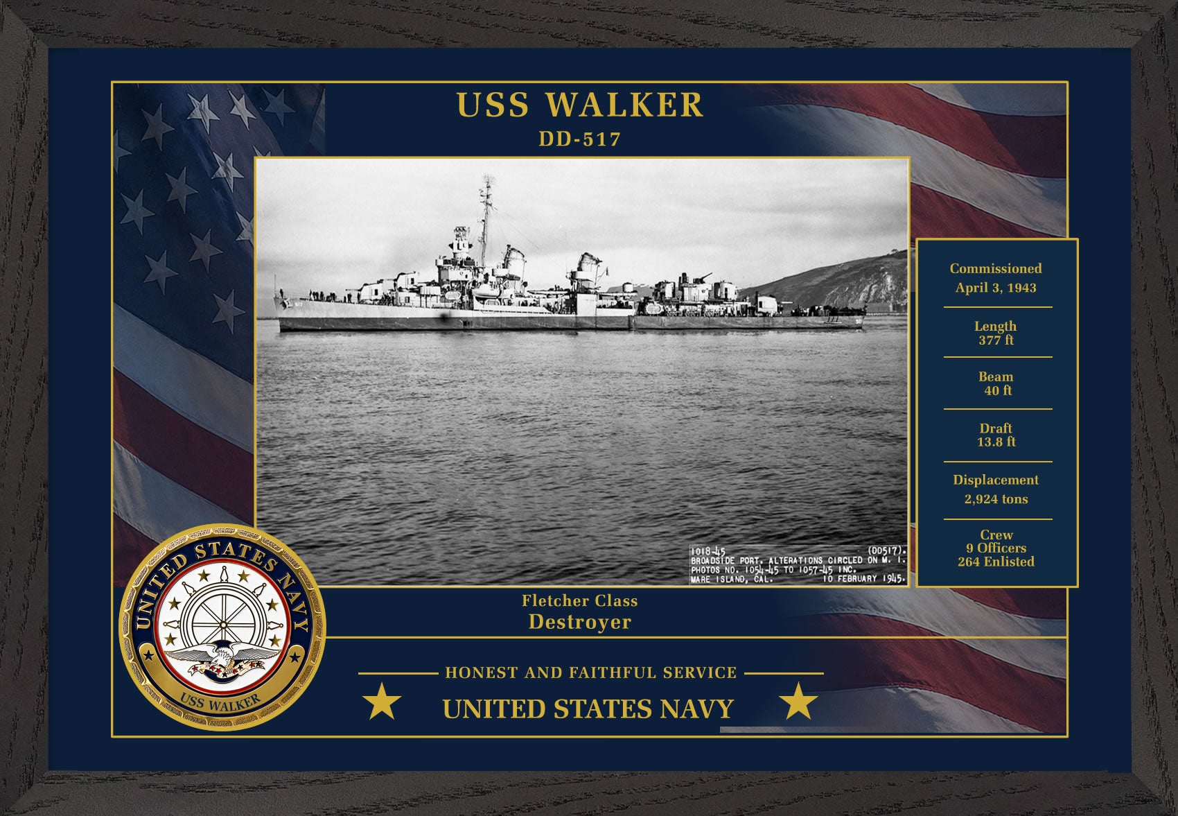 USS Walker DD-517 Framed Patriotic Photo