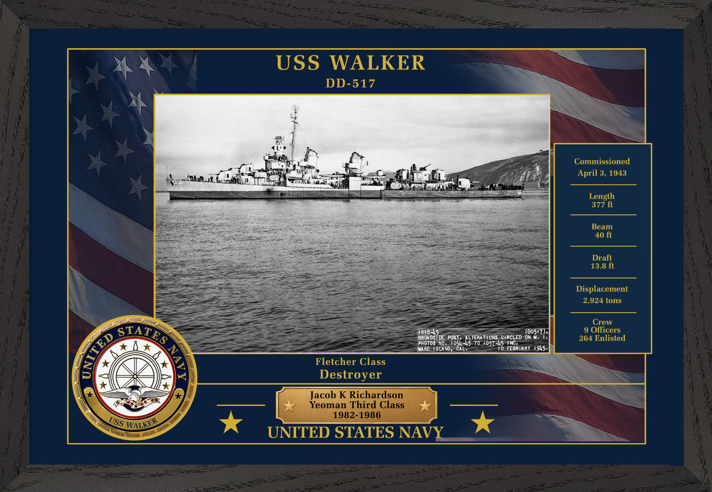 USS Walker DD-517 Framed Patriotic Photo