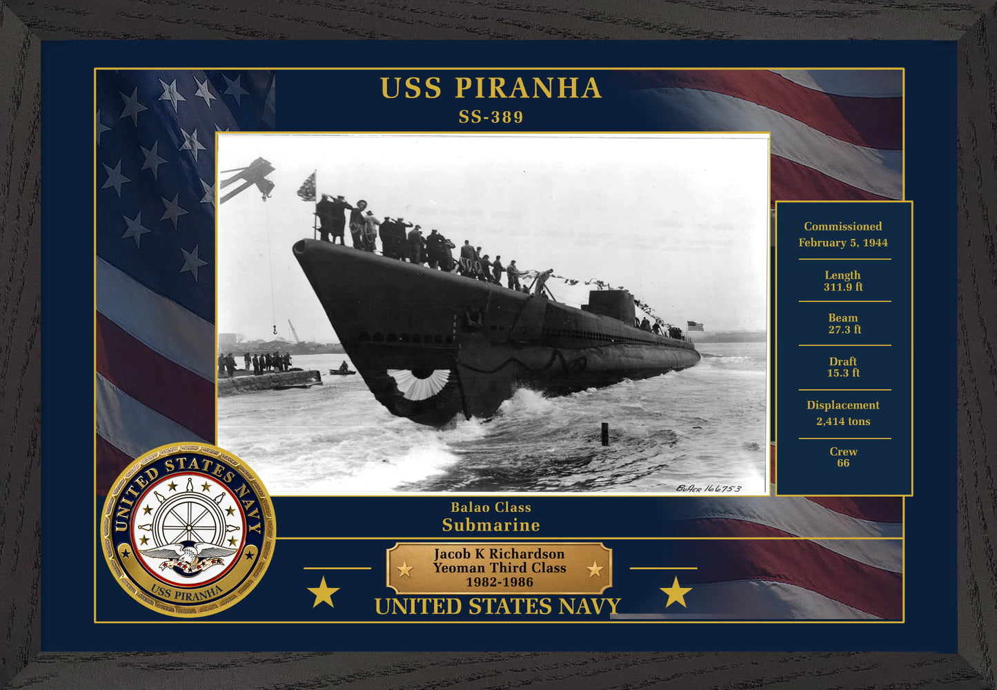 USS Piranha SS-389 Framed Patriotic Photo