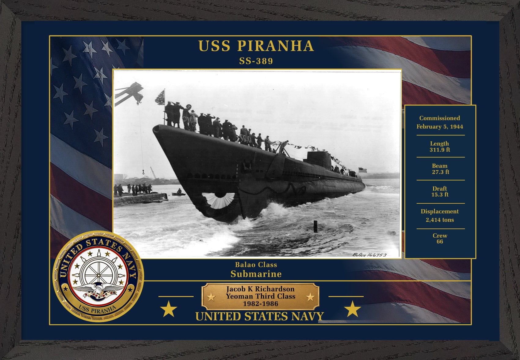 USS Piranha SS-389 Framed Patriotic Photo