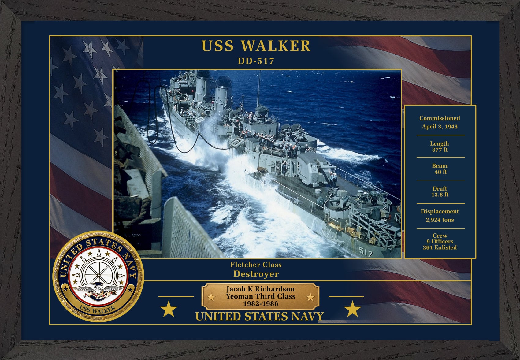 USS Walker DD-517 Framed Patriotic Photo