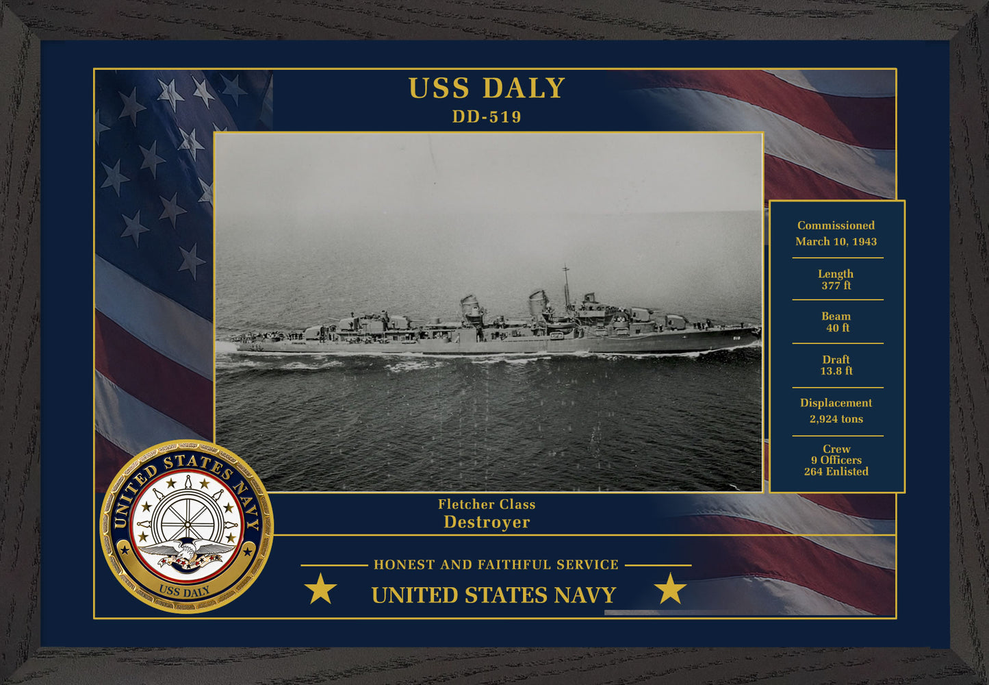 USS Daly DD-519 Framed Patriotic Photo