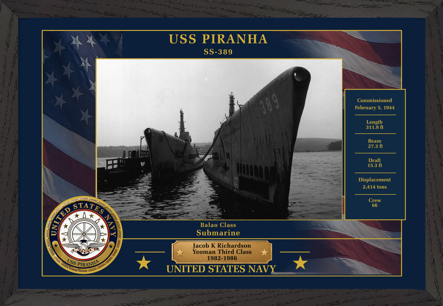USS Piranha SS-389 Framed Patriotic Photo