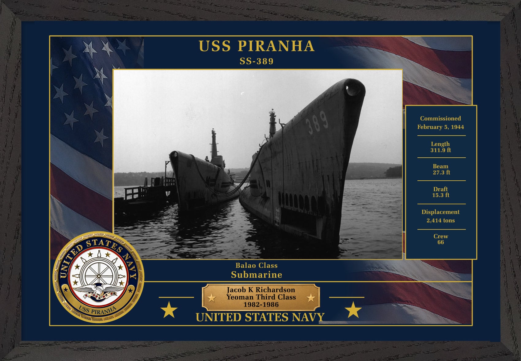 USS Piranha SS-389 Framed Patriotic Photo