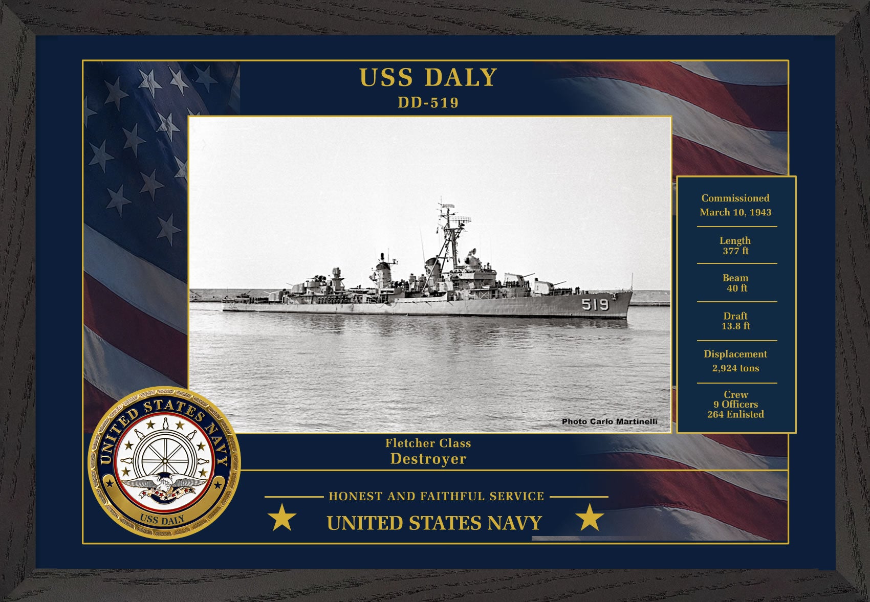 USS Daly DD-519 Framed Patriotic Photo