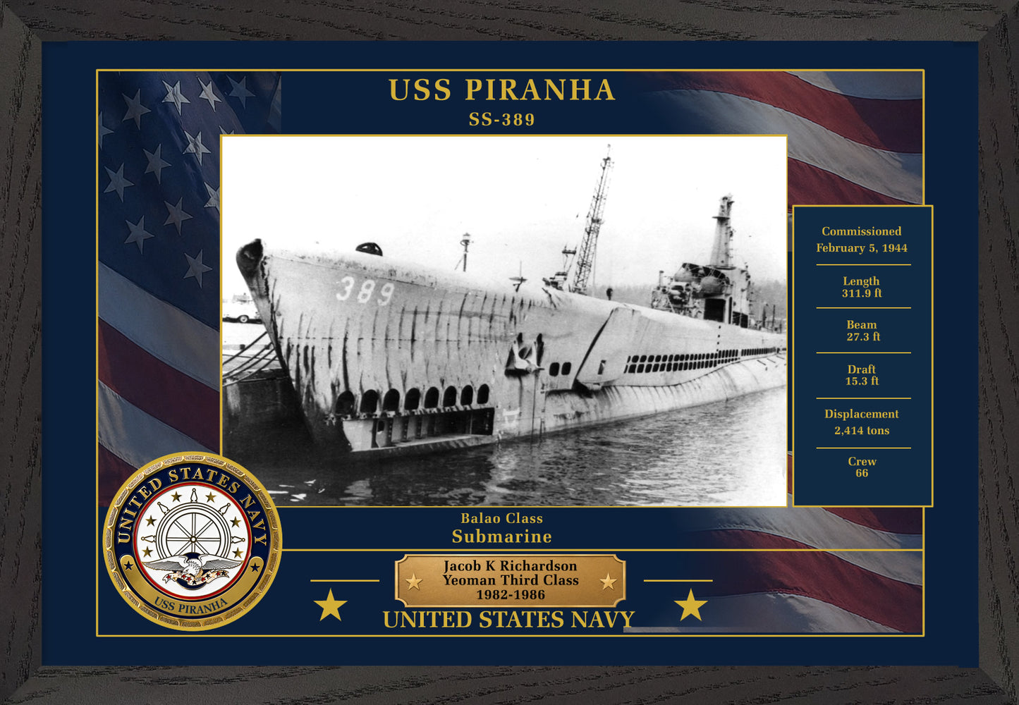 USS Piranha SS-389 Framed Patriotic Photo