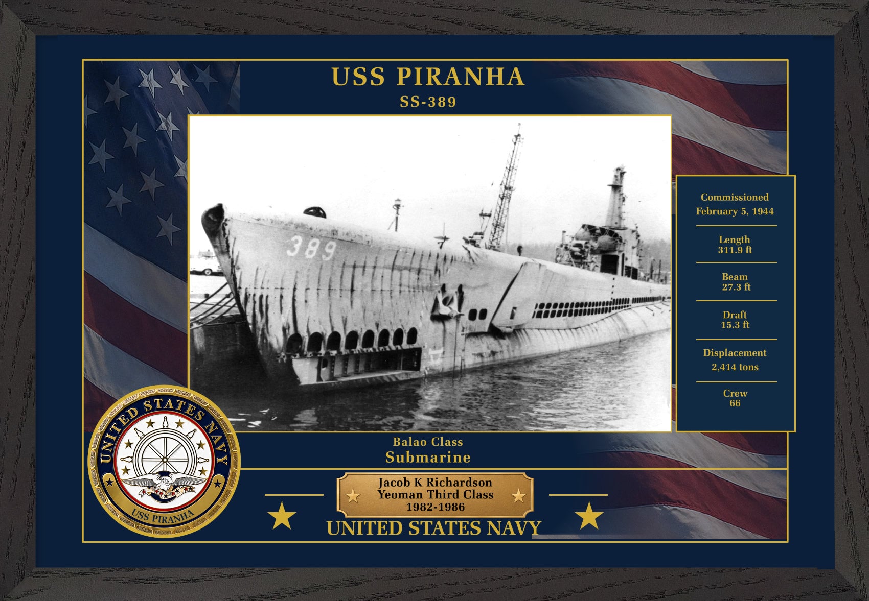 USS Piranha SS-389 Framed Patriotic Photo