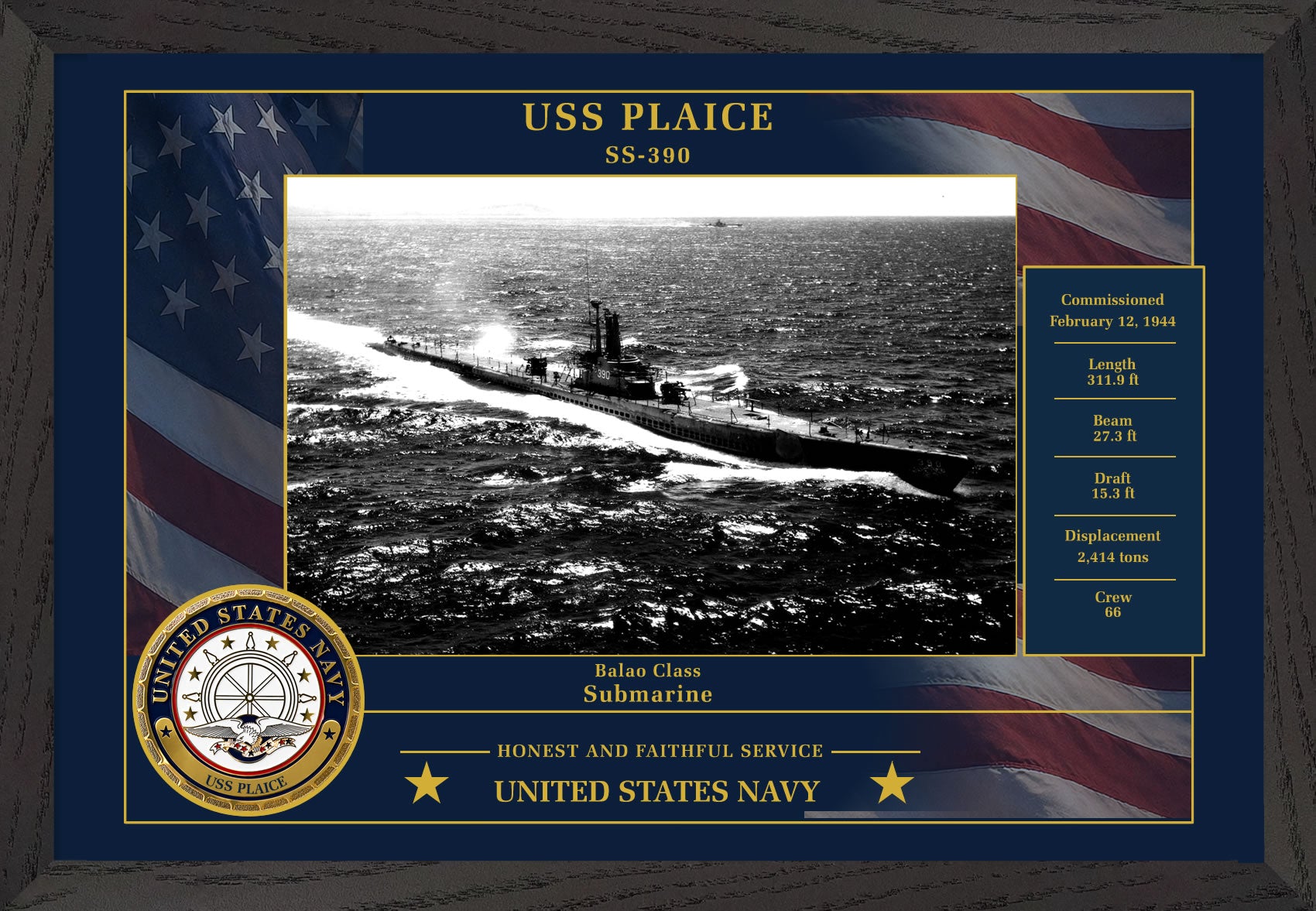 USS Plaice SS-390 Framed Patriotic Photo