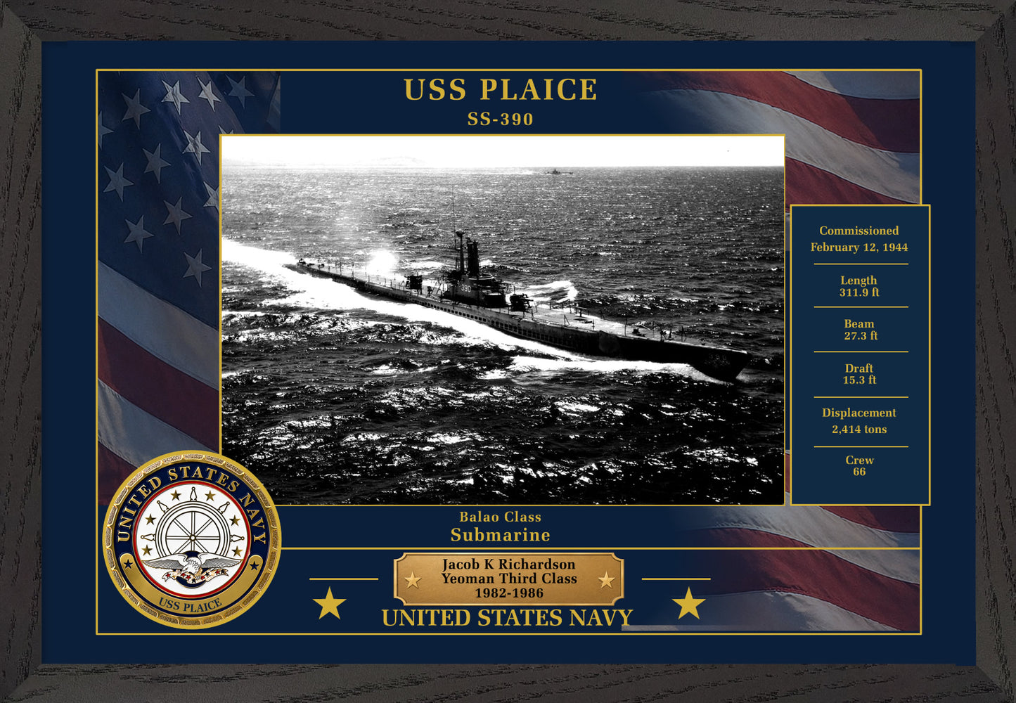 USS Plaice SS-390 Framed Patriotic Photo