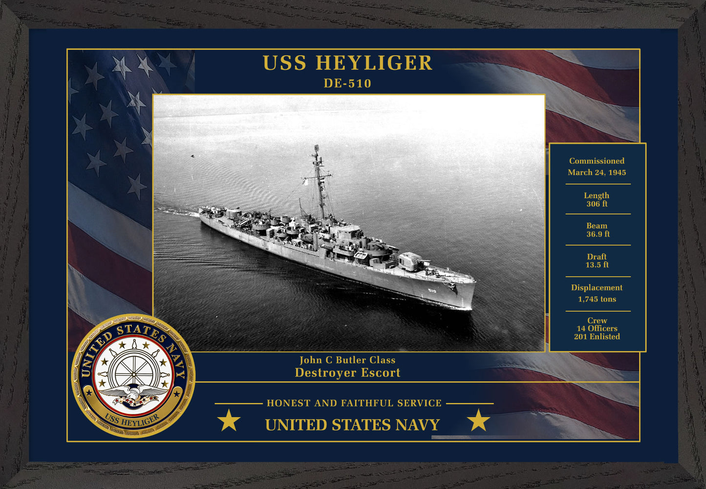 USS Heyliger DE-510 Framed Patriotic Photo