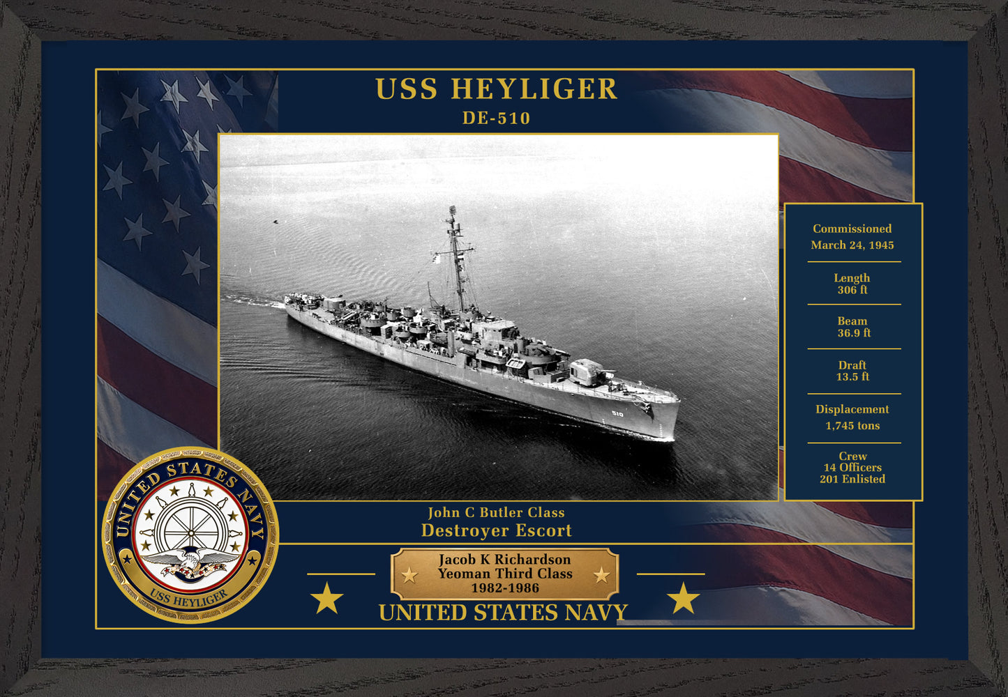 USS Heyliger DE-510 Framed Patriotic Photo