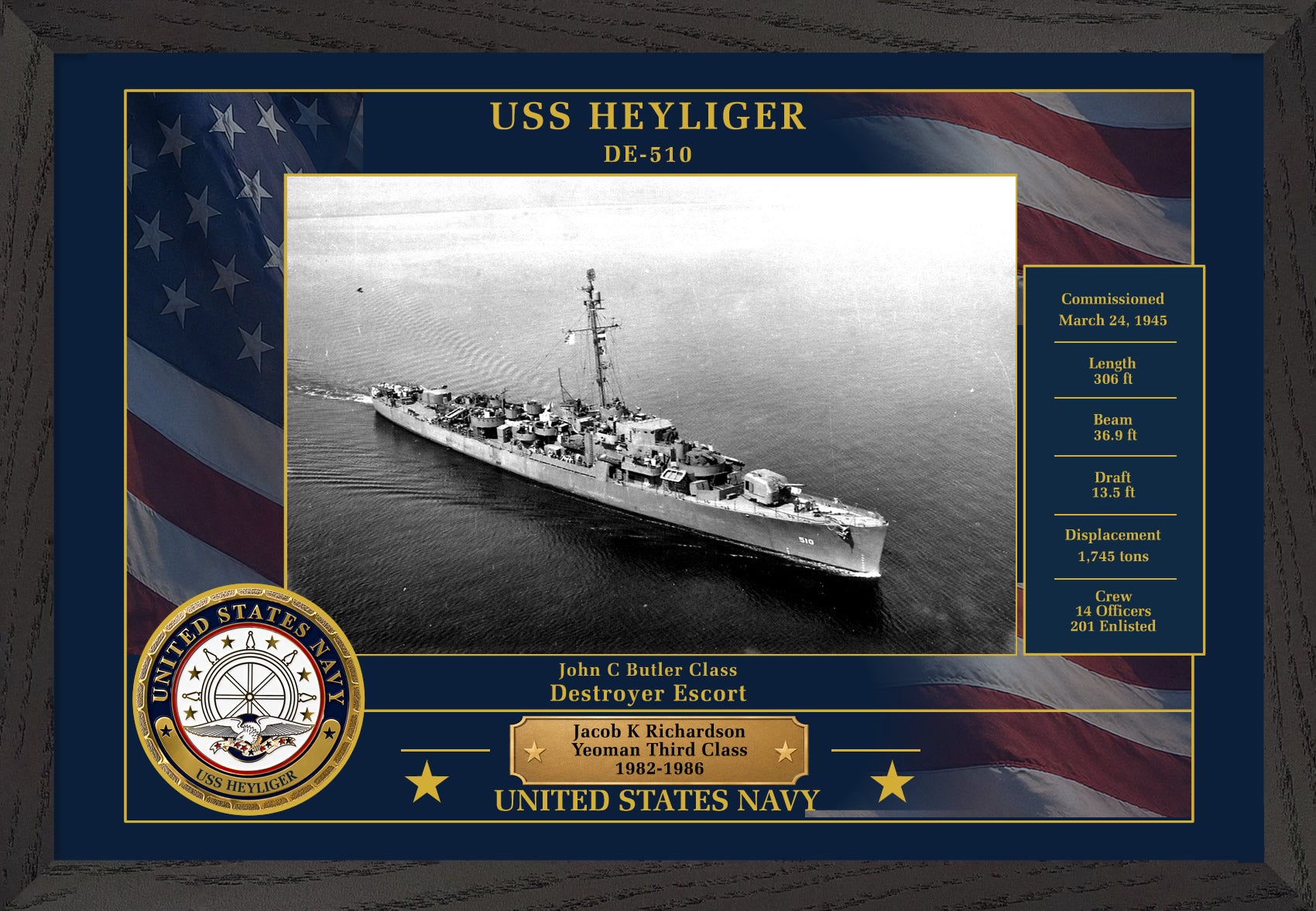 USS Heyliger DE-510 Framed Patriotic Photo