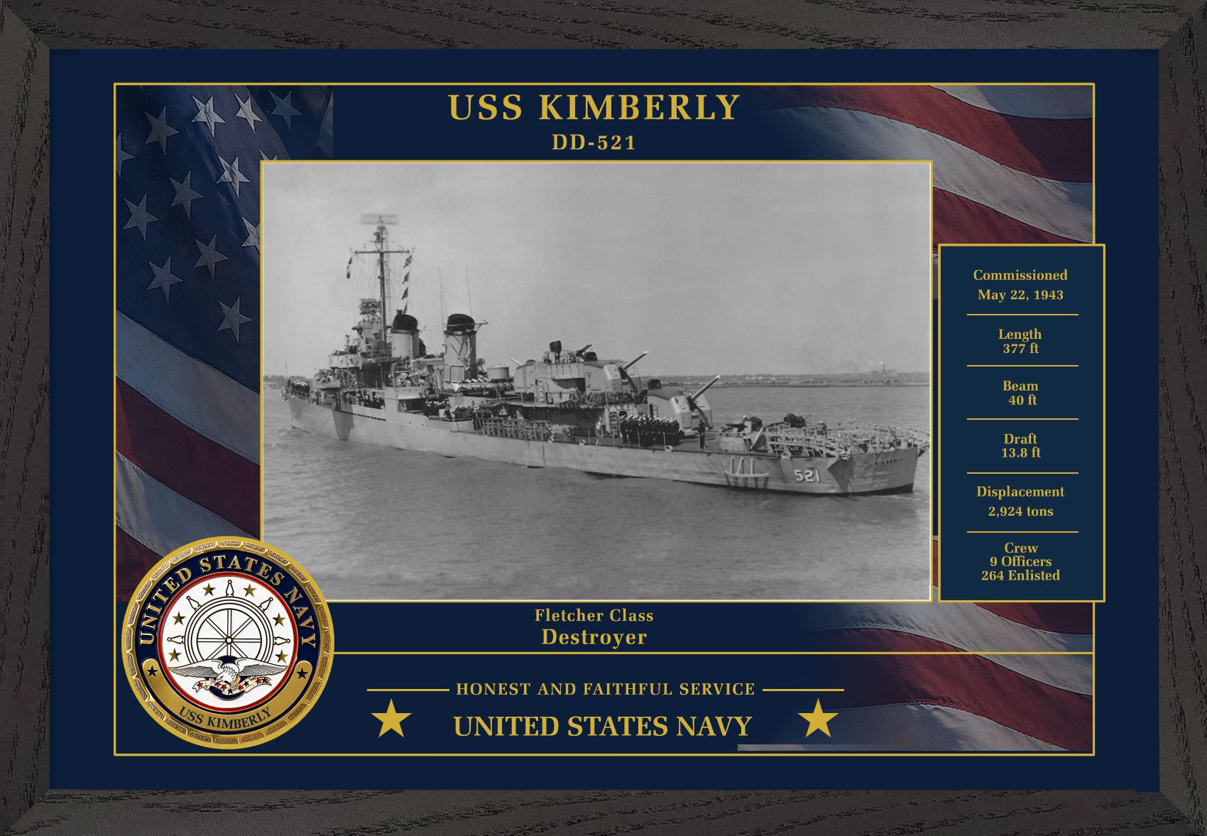 USS Kimberly DD-521 Framed Patriotic Photo