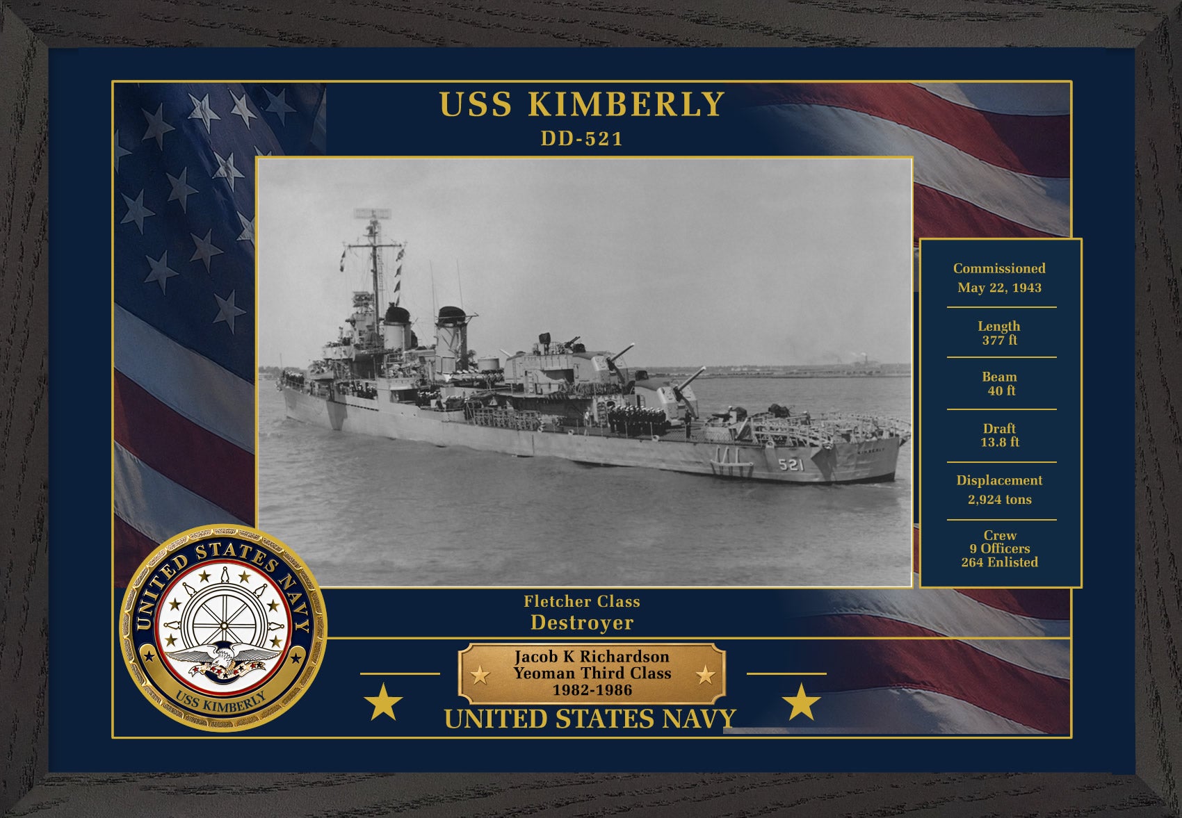 USS Kimberly DD-521 Framed Patriotic Photo