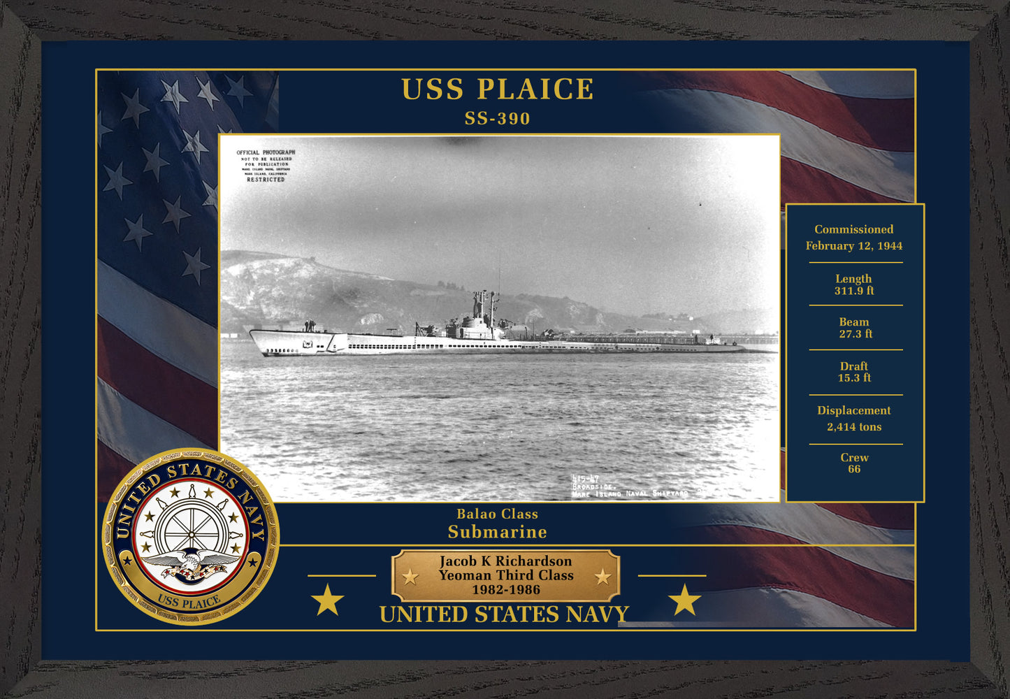 USS Plaice SS-390 Framed Patriotic Photo