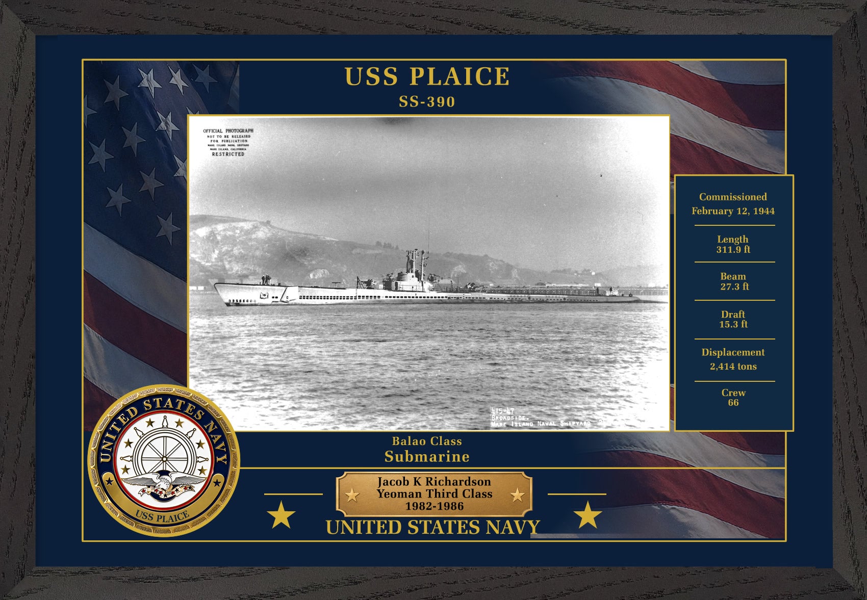 USS Plaice SS-390 Framed Patriotic Photo