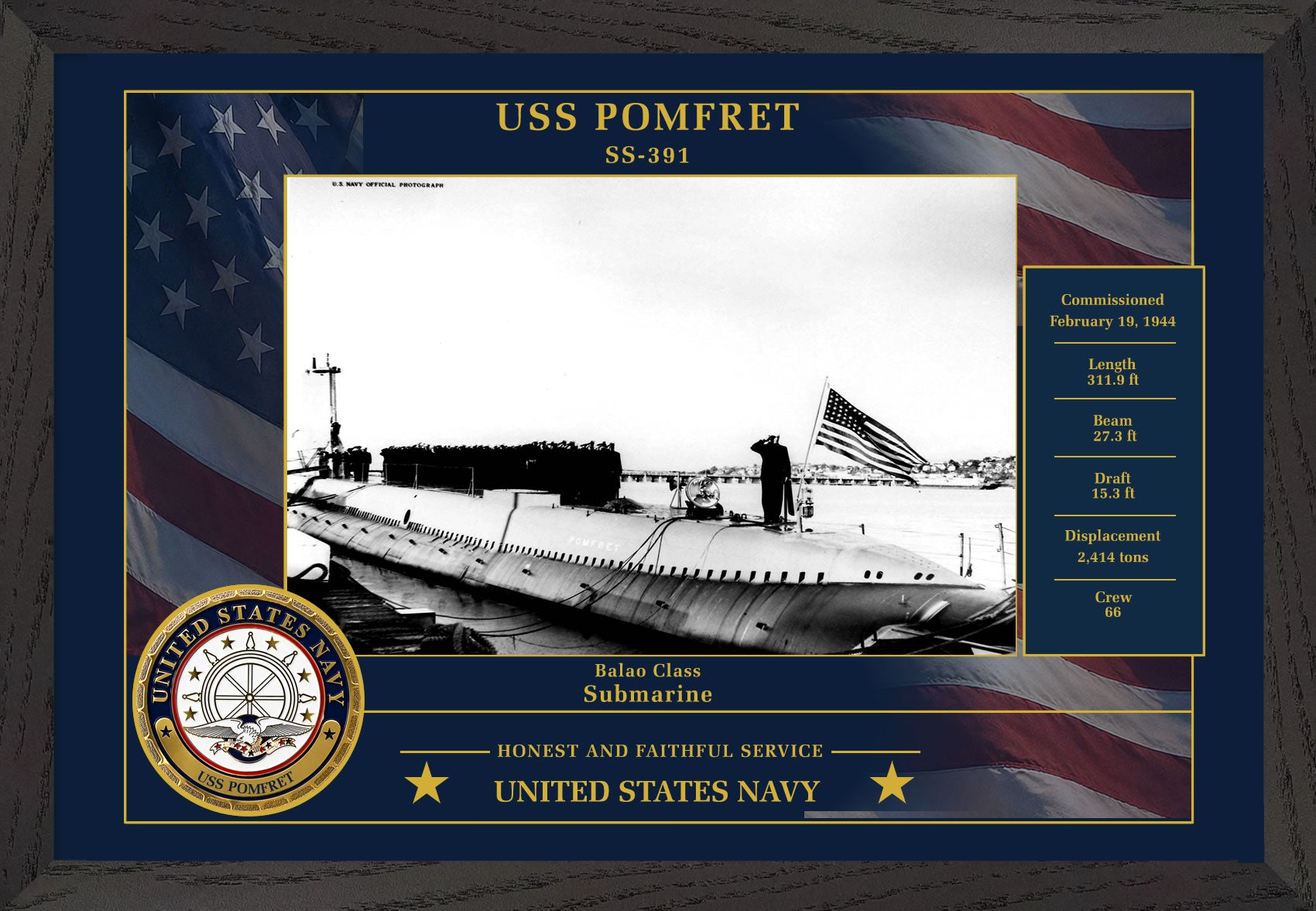 USS Pomfret SS-391 Framed Patriotic Photo