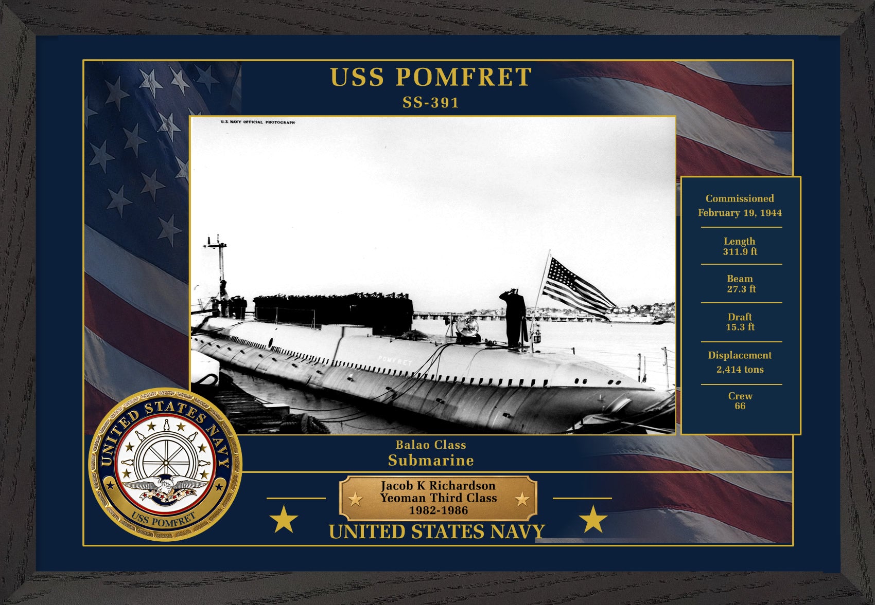 USS Pomfret SS-391 Framed Patriotic Photo