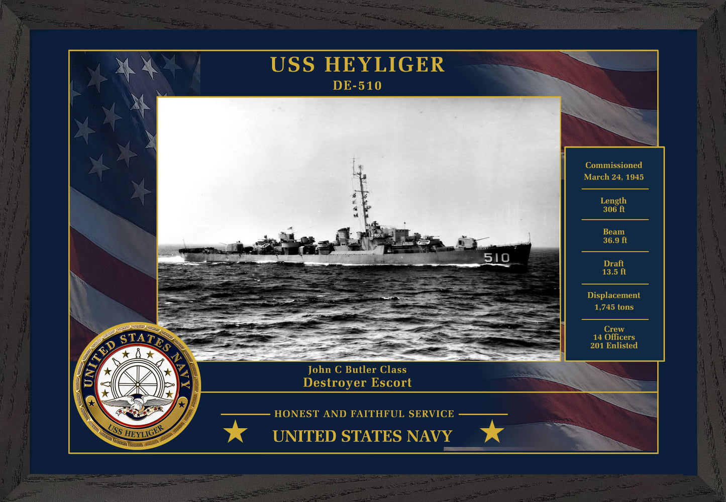 USS Heyliger DE-510 Framed Patriotic Photo