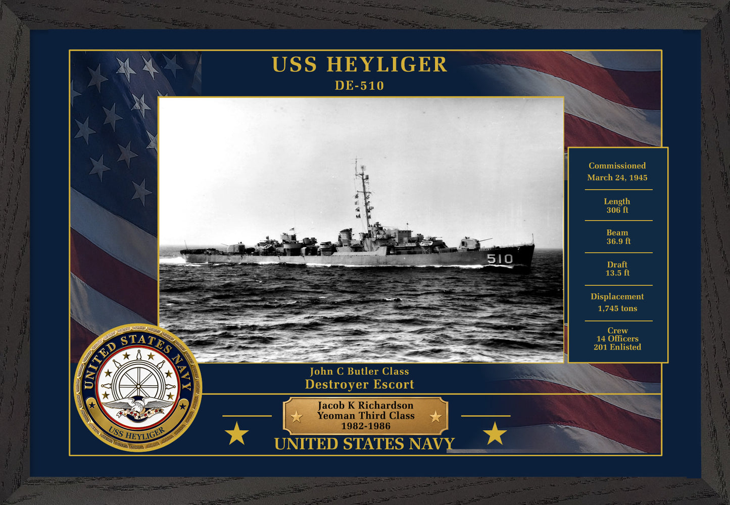 USS Heyliger DE-510 Framed Patriotic Photo