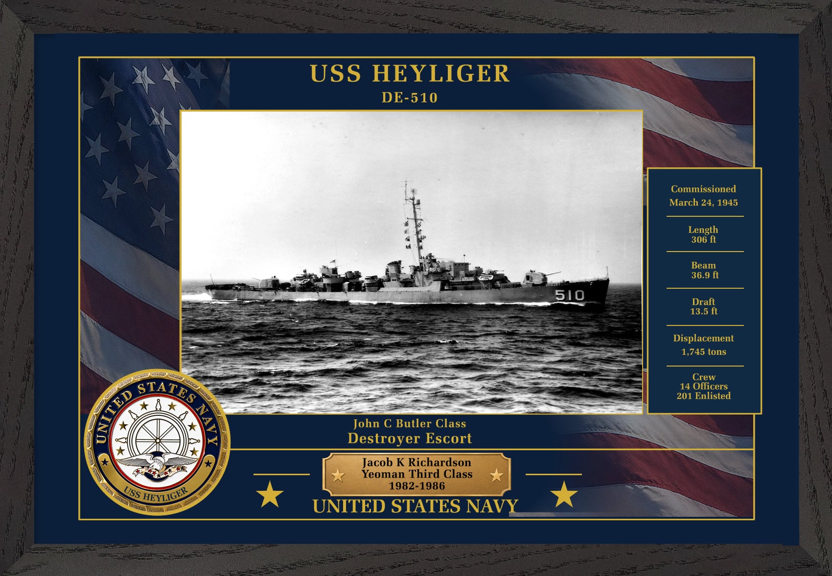 USS Heyliger DE-510 Framed Patriotic Photo