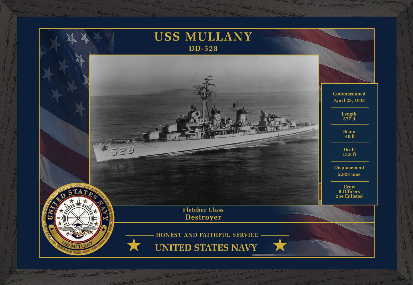 USS Mullany DD-528 Framed Patriotic Photo