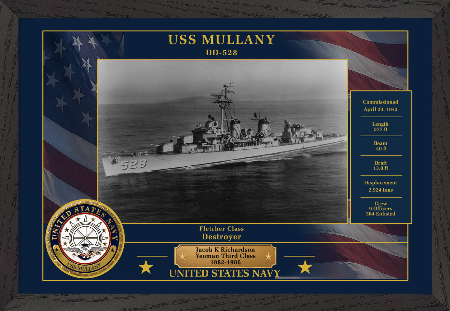 USS Mullany DD-528 Framed Patriotic Photo
