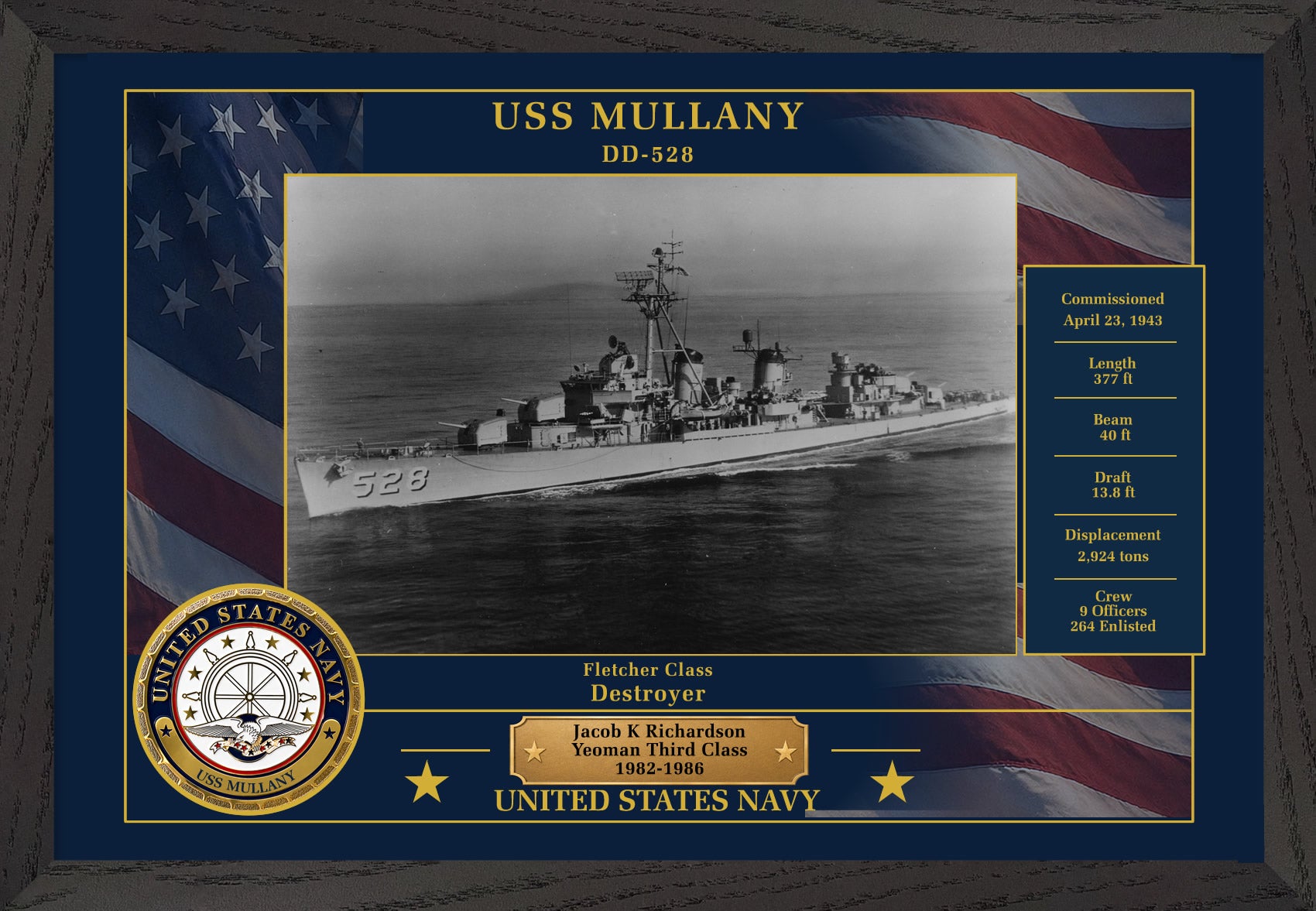 USS Mullany DD-528 Framed Patriotic Photo