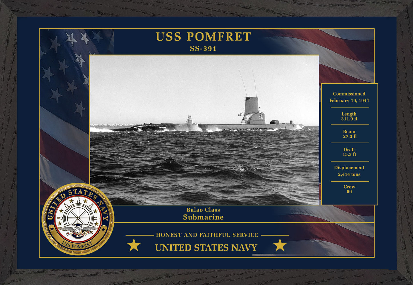 USS Pomfret SS-391 Framed Patriotic Photo