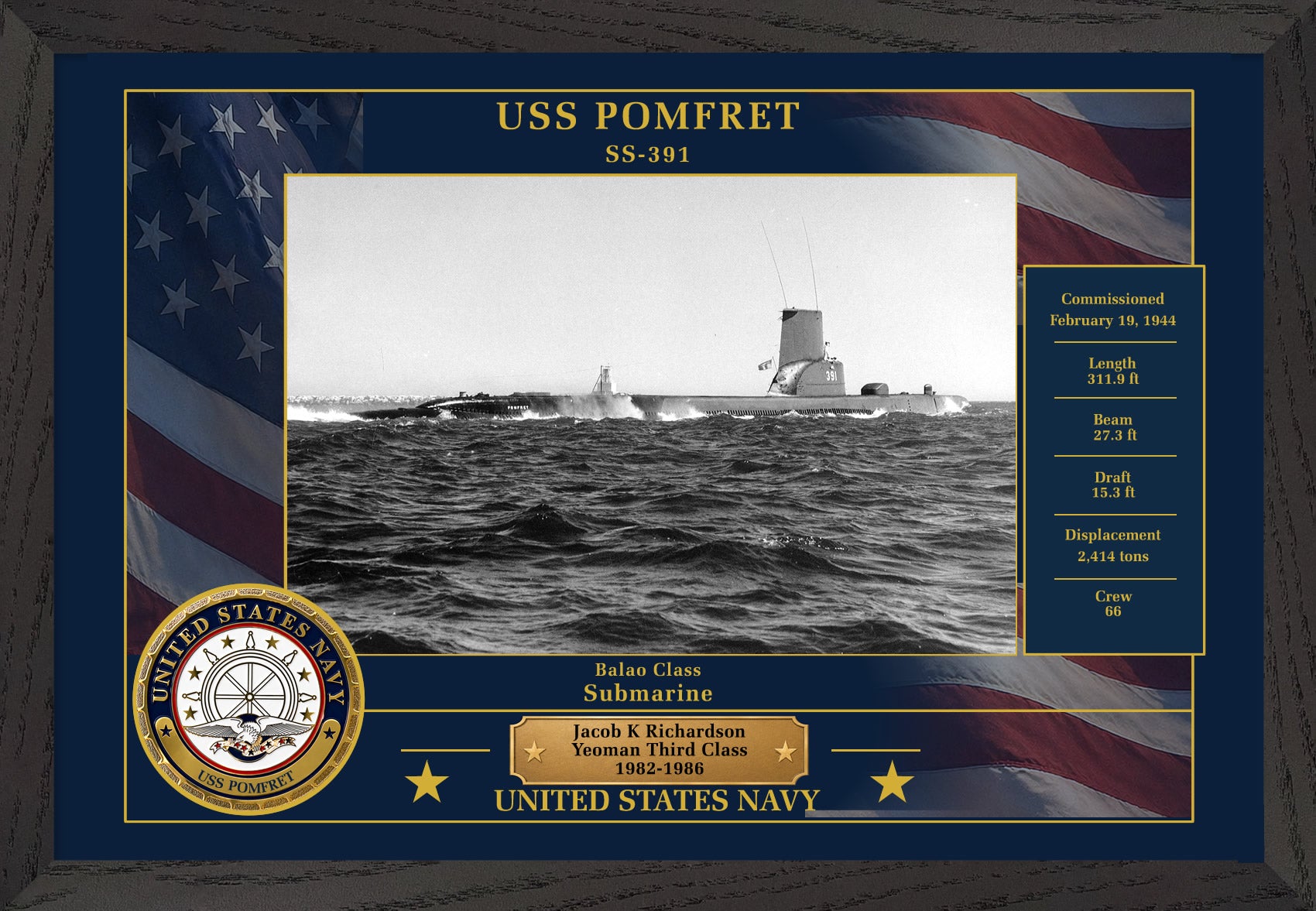 USS Pomfret SS-391 Framed Patriotic Photo