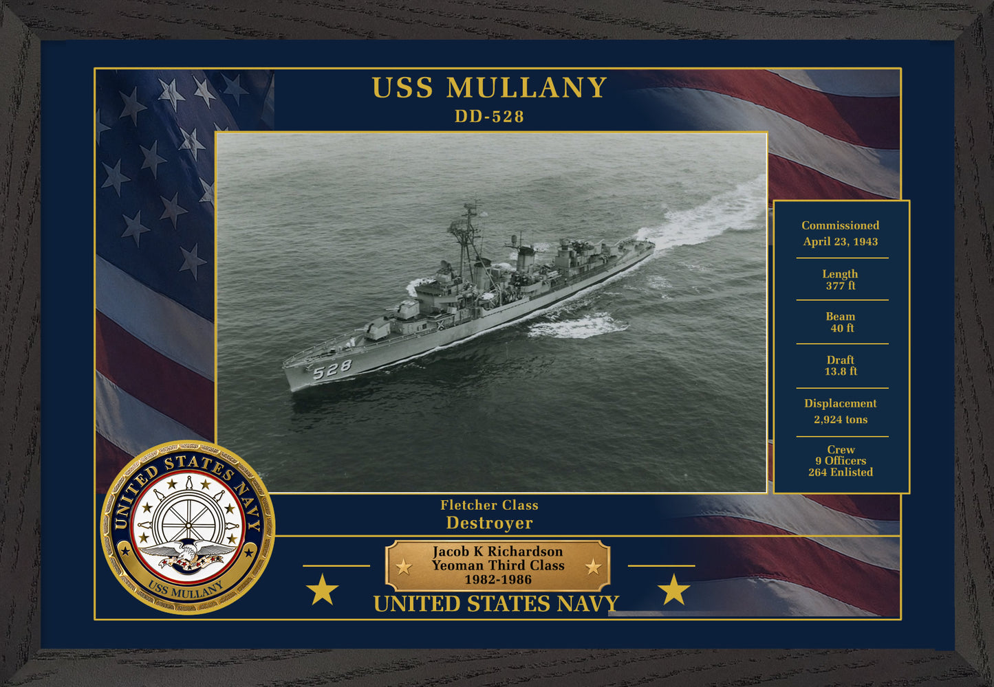 USS Mullany DD-528 Framed Patriotic Photo