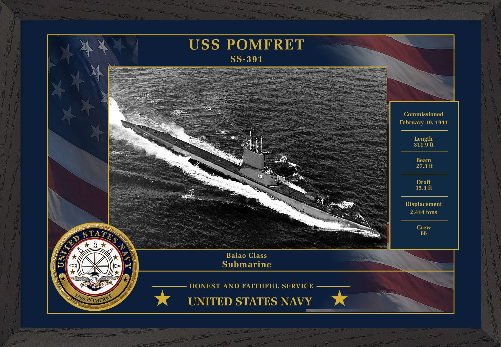 USS Pomfret SS-391 Framed Patriotic Photo