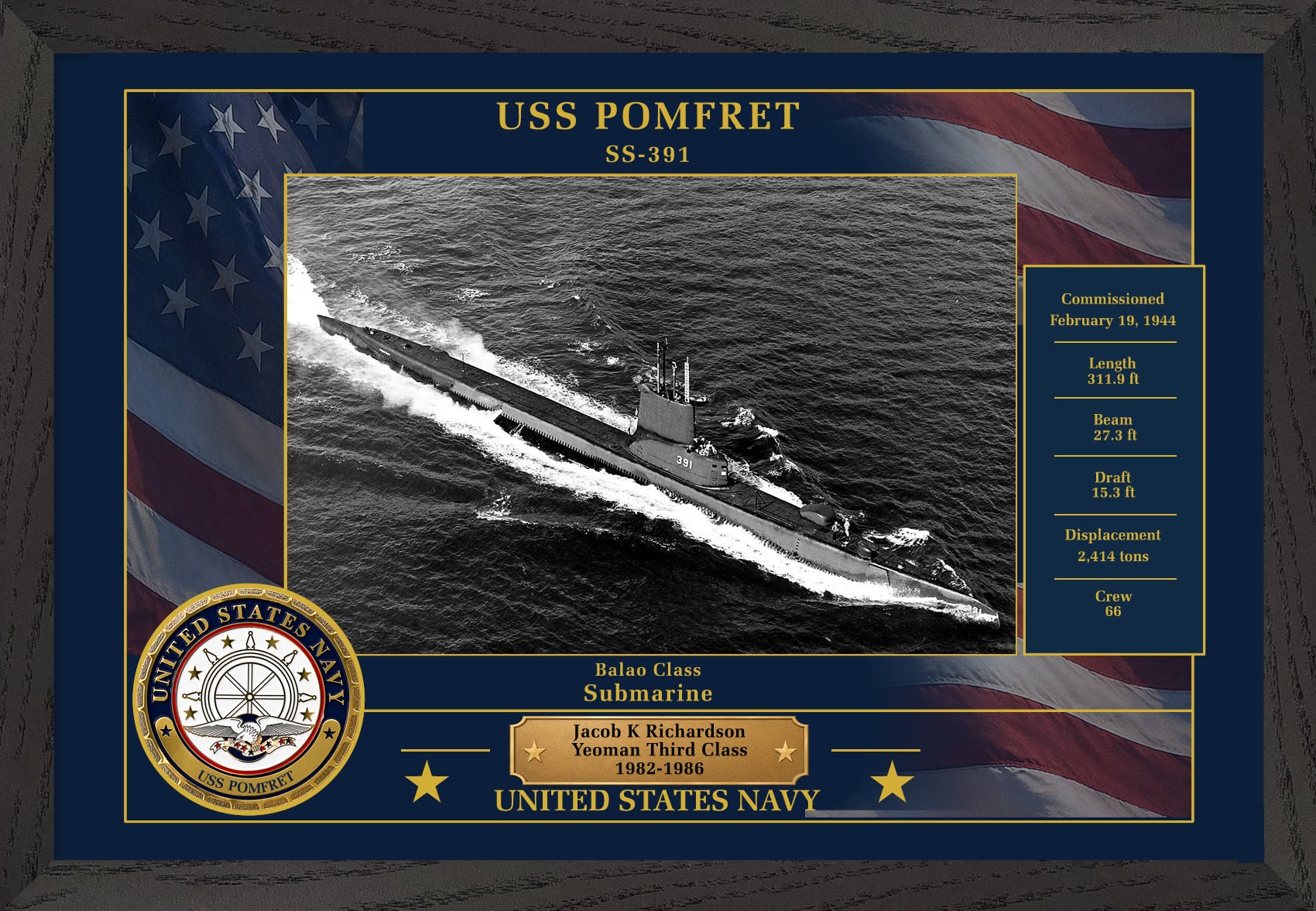 USS Pomfret SS-391 Framed Patriotic Photo