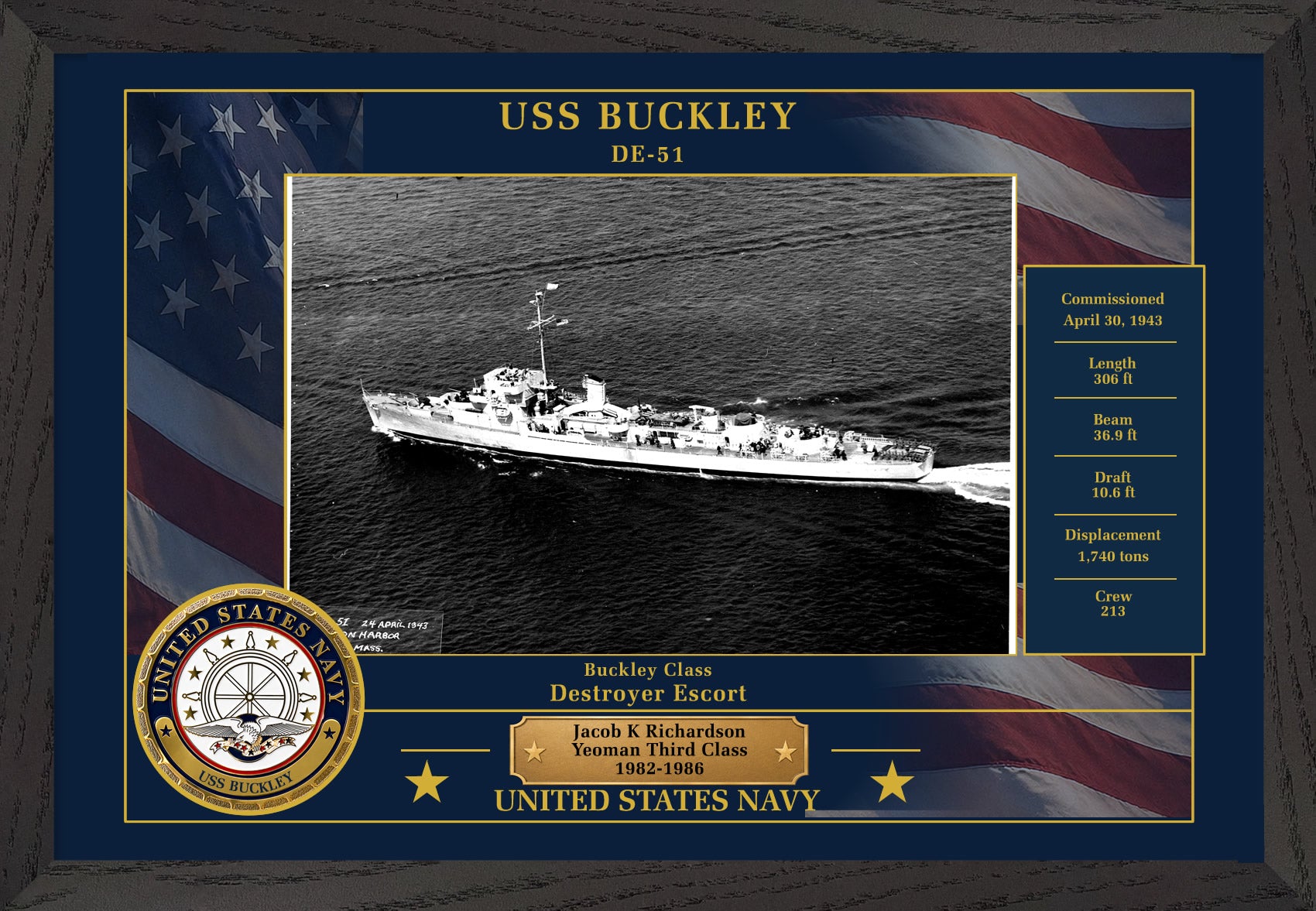 USS Buckley DE-51 Framed Patriotic Photo