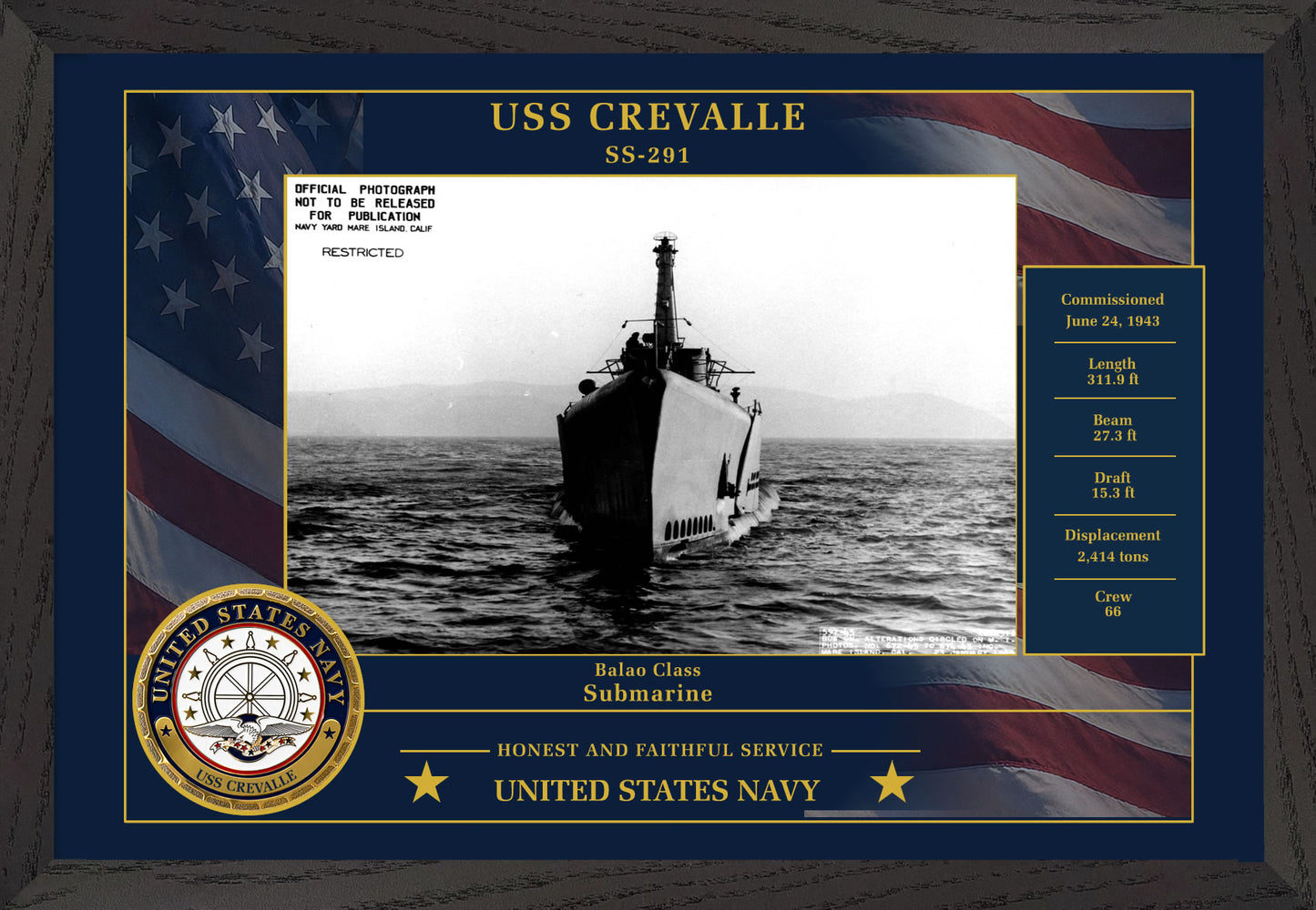USS Crevalle SS-291 Framed Patriotic Photo