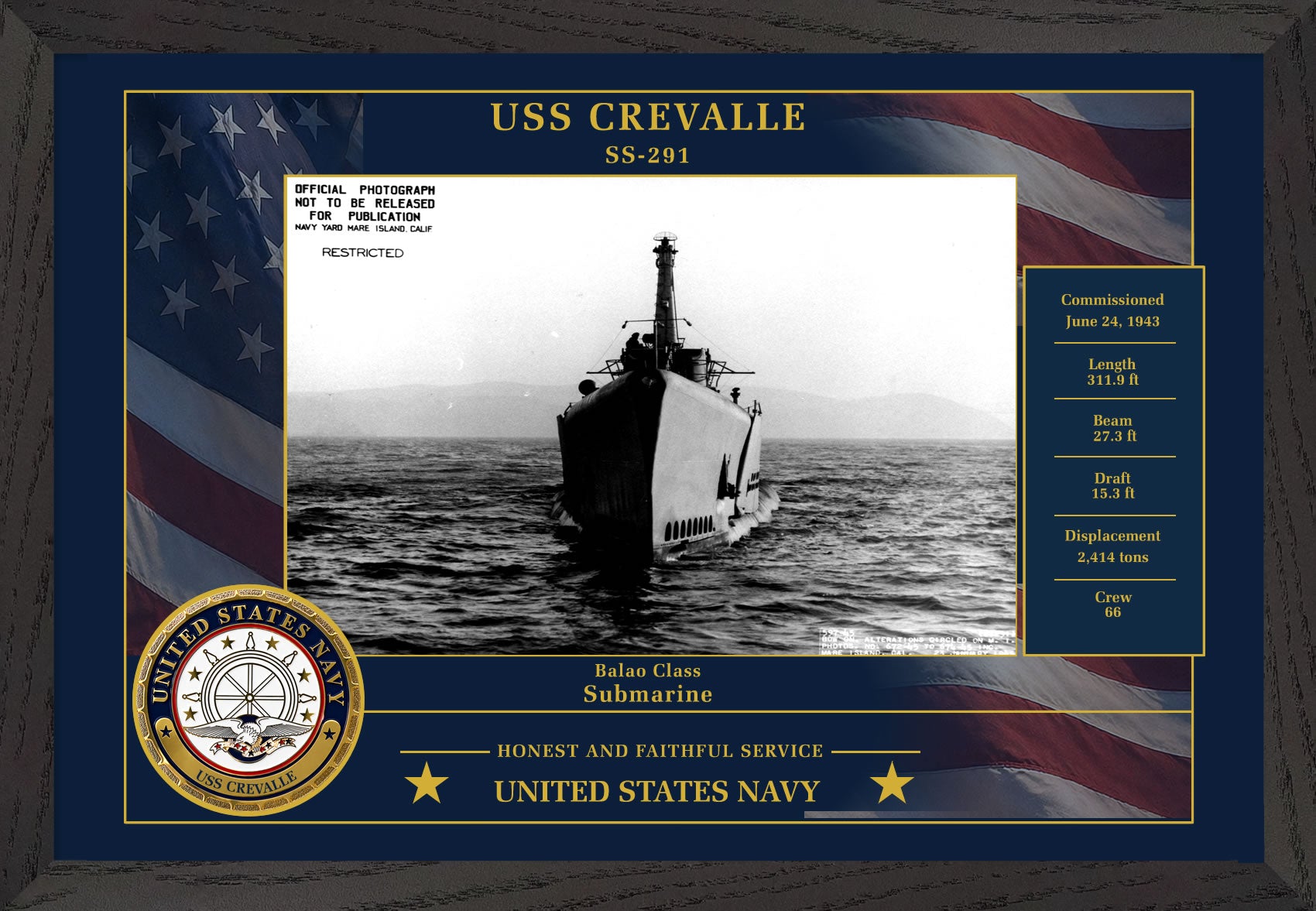 USS Crevalle SS-291 Framed Patriotic Photo