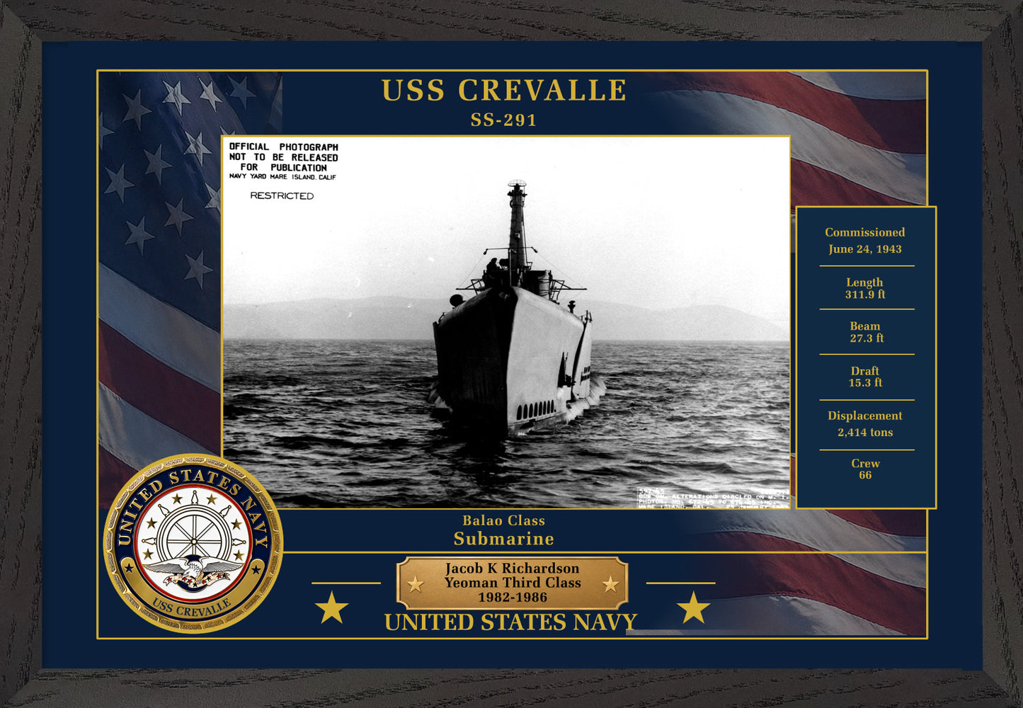 USS Crevalle SS-291 Framed Patriotic Photo