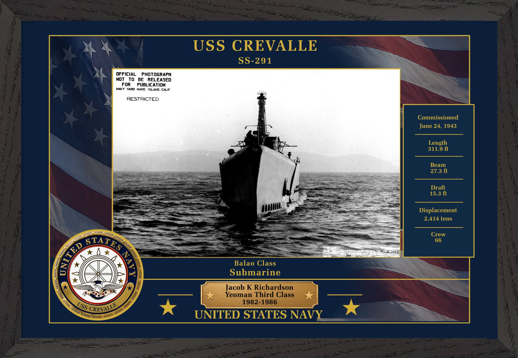 USS Crevalle SS-291 Framed Patriotic Photo