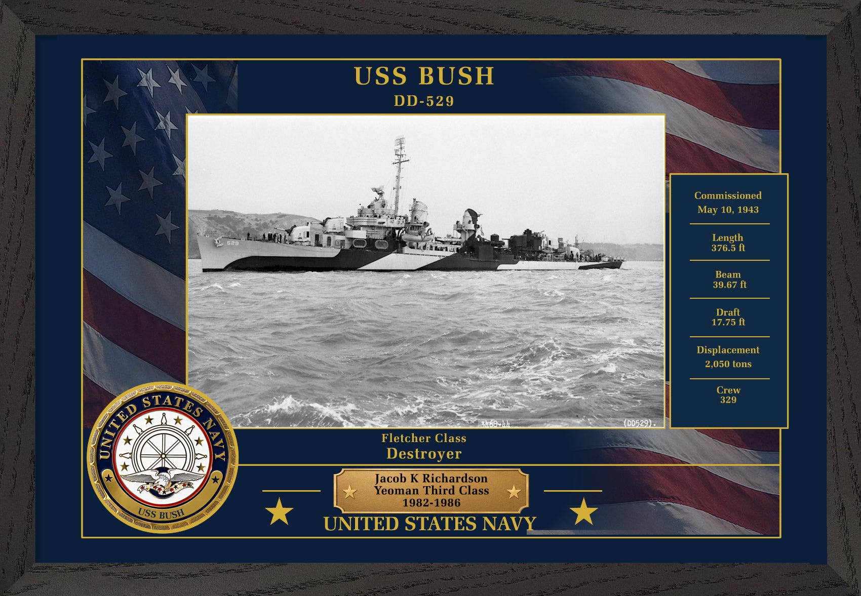 USS Bush DD-529 Framed Patriotic Photo