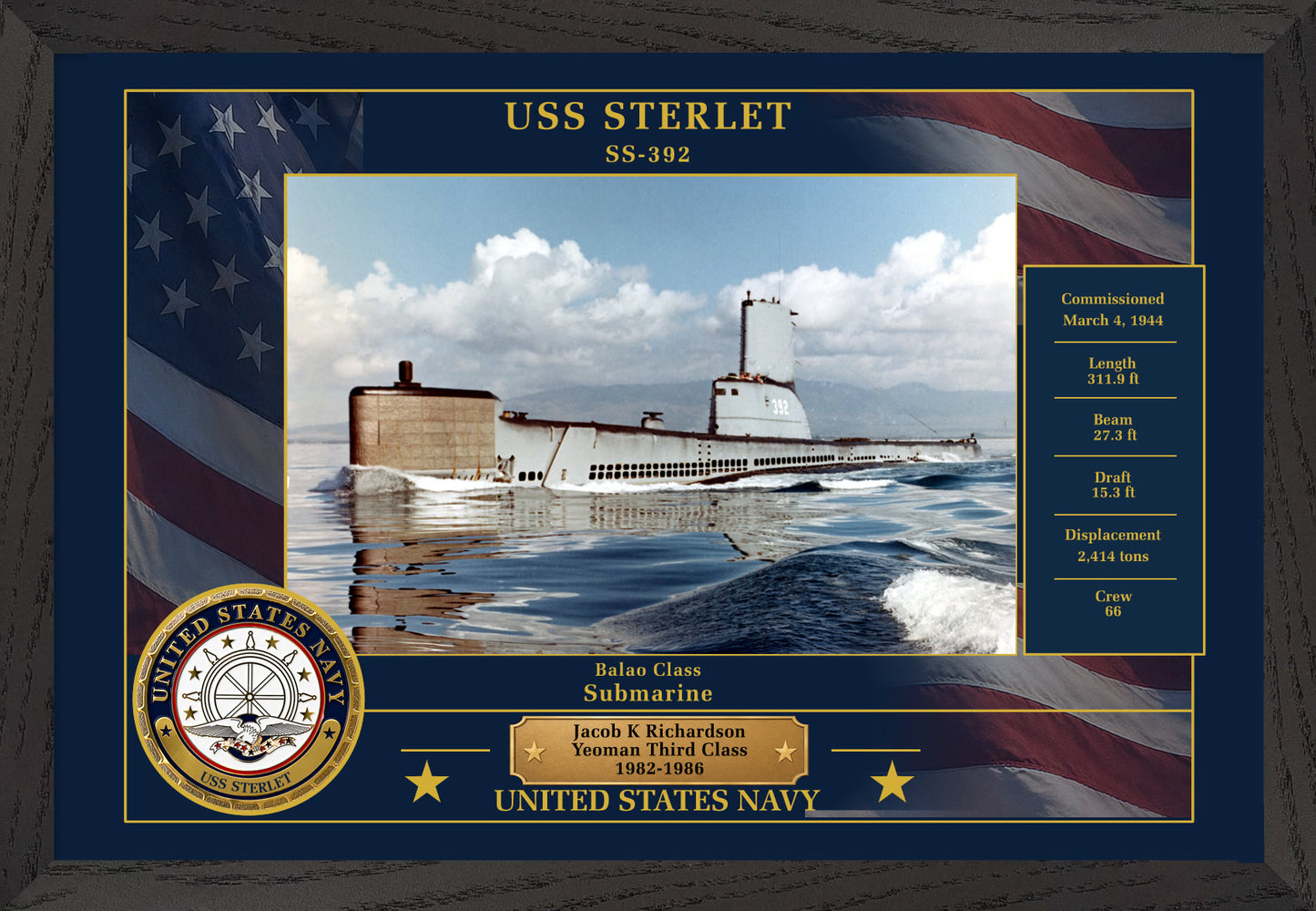 USS Sterlet SS-392 Framed Patriotic Photo