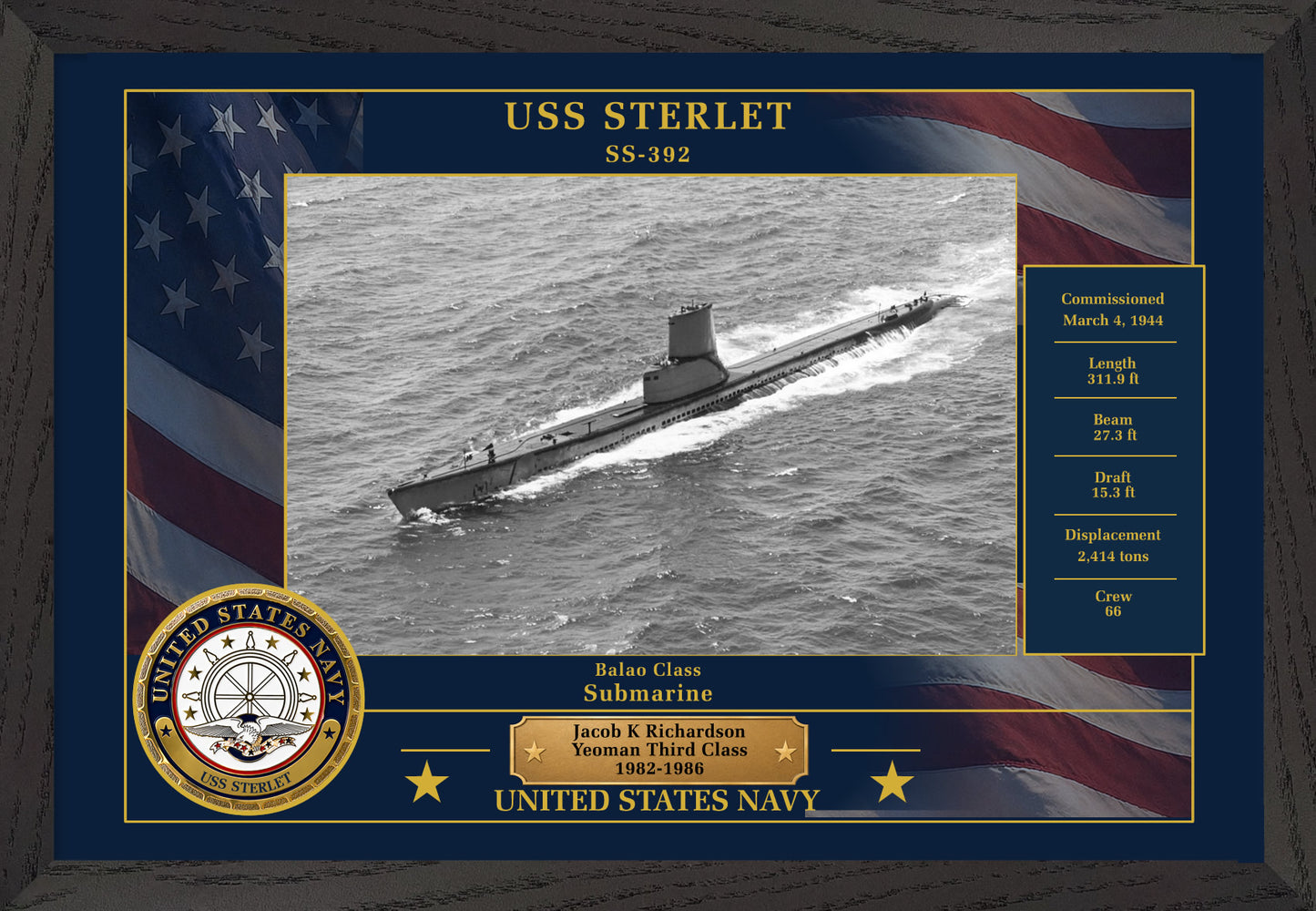 USS Sterlet SS-392 Framed Patriotic Photo